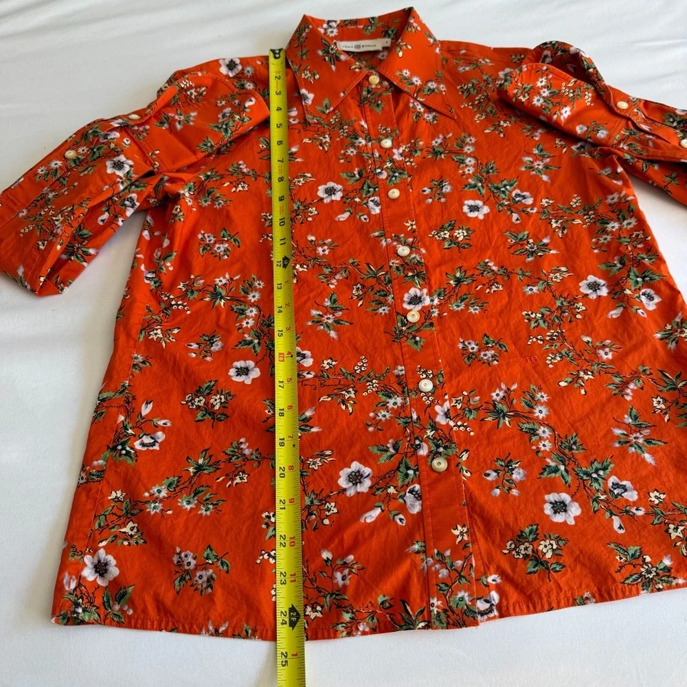 Tory Burch 100% Cotton Orange Floral Classic Oxford Button Down Shirt - Picture 17 of 17